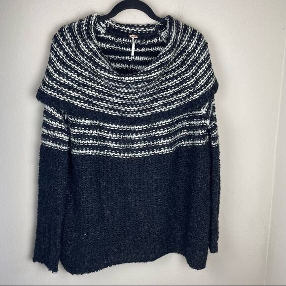 Free People Off Shoulder Striped Chunky Knit Sweater Black White S - Picture 2 of 6